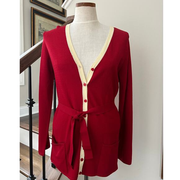 Vintage Votre Nom Red Belted Cardigan M Cream Trim Button Front Pockets Retro - Picture 1 of 9
